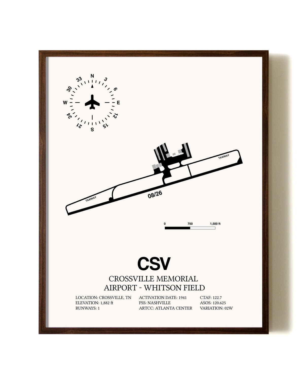 Crossville Memorial Airport-Whitson Field aviation print in walnut frame