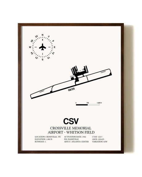 Crossville Memorial Airport-Whitson Field aviation print in walnut frame