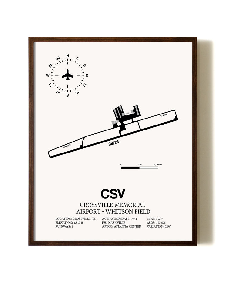 Crossville Memorial Airport-Whitson Field aviation print in walnut frame