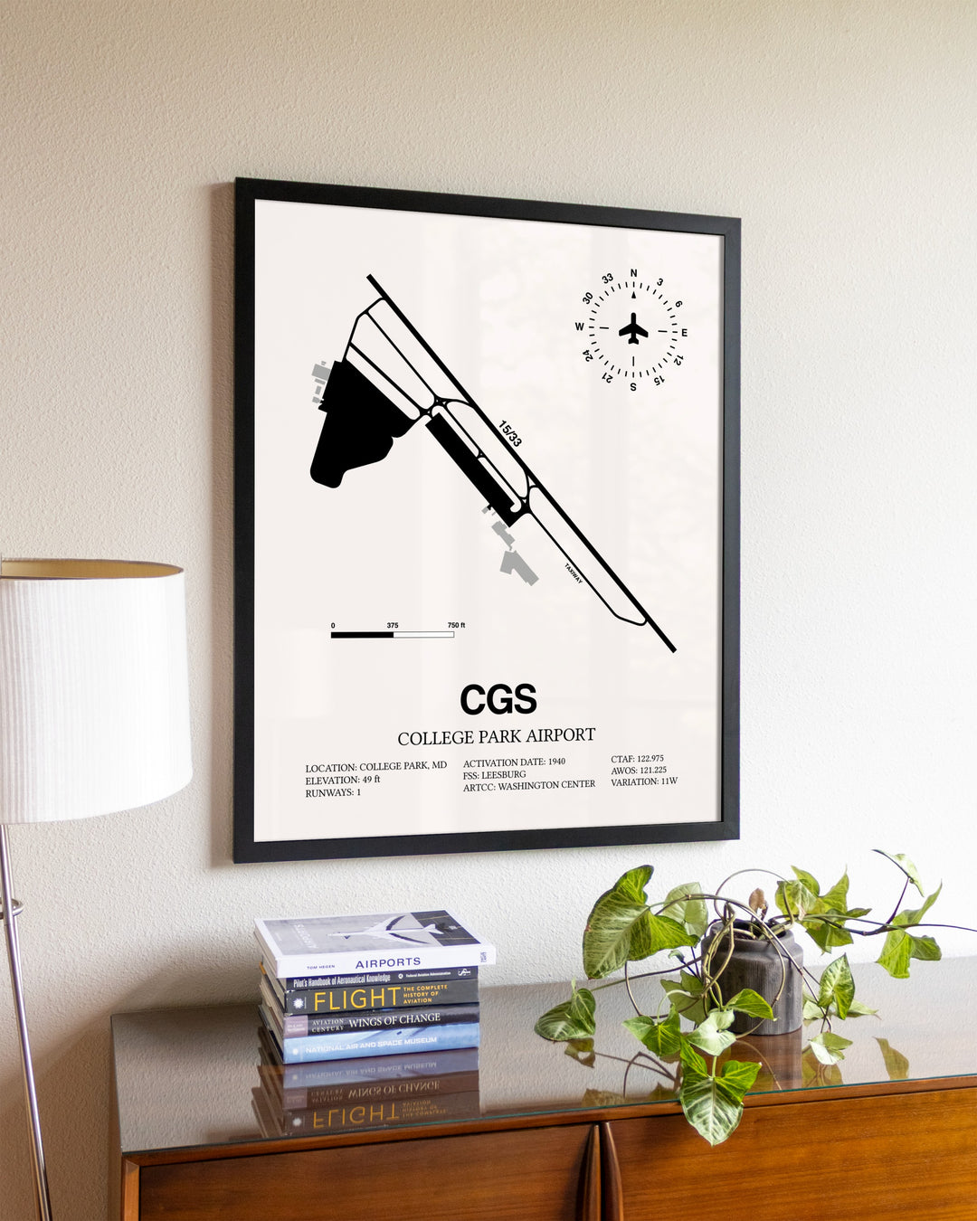 College Park Airport aviation wall décor in black wood frame