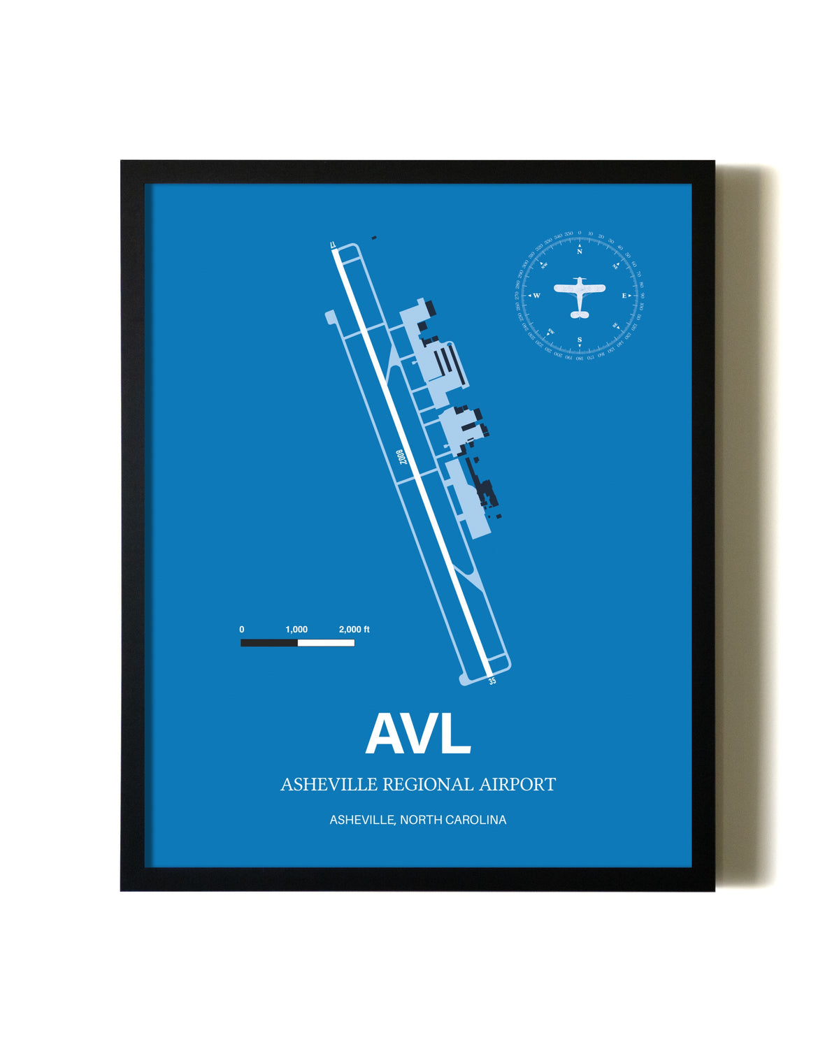 Sky Blue Asheville Regional Airport aviation wall décor in black wood frame