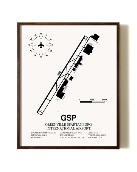 Greenville Spartanburg International Airport aviation print in walnut frame
