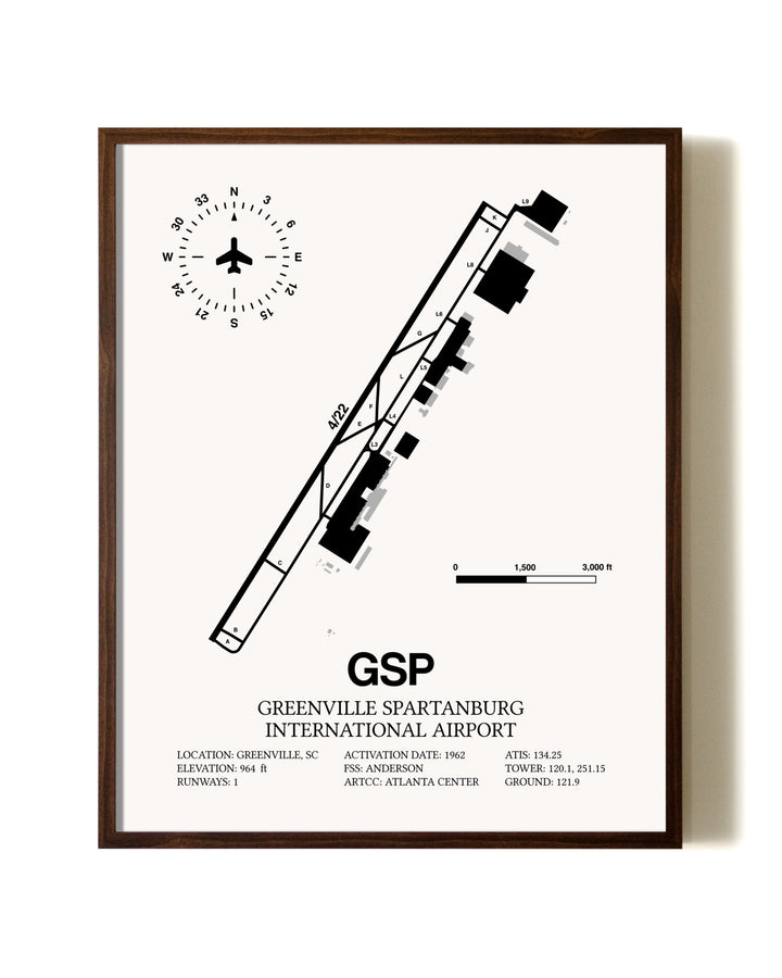 Greenville Spartanburg International Airport aviation print in walnut frame
