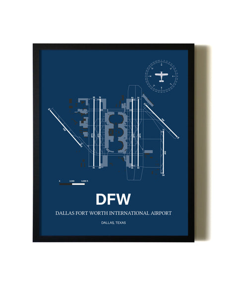 Aviation Blue Framed Dallas-Fort Worth International Airport layout wall art poster