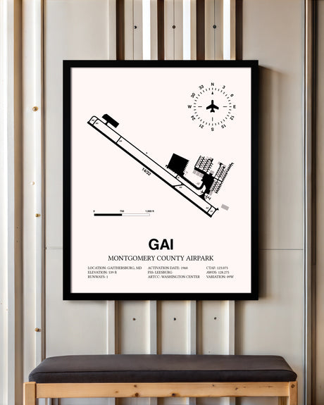 Montgomery County Airpark framed poster displayed in an airplane hangar