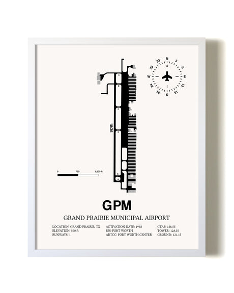 Grand Prairie Municipal Airport airport map poster in oak frame