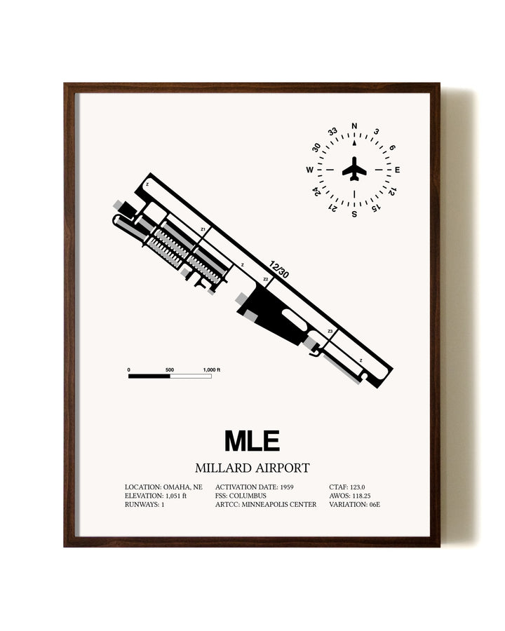 Millard Airport aviation print in walnut frame