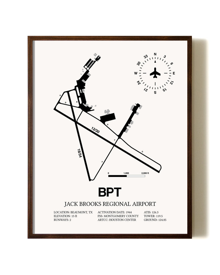 Jack Brooks Regional Airport aviation print in walnut frame