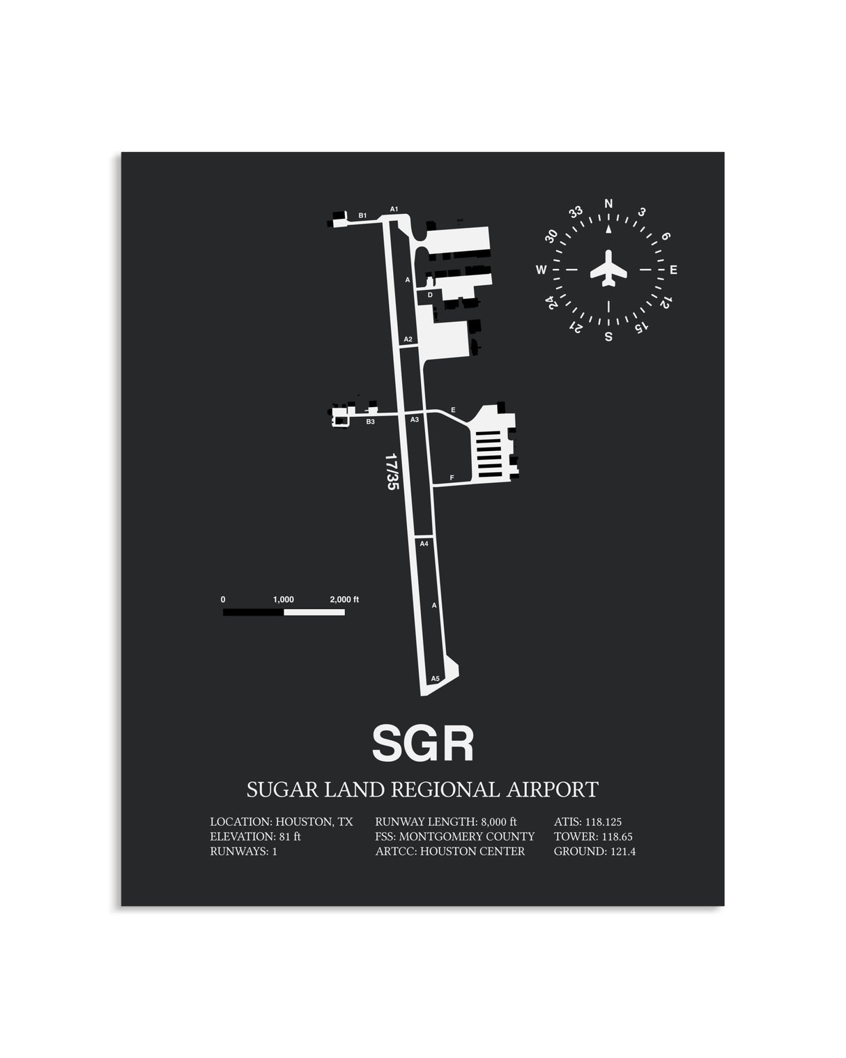 Gray Framed Sugar Land Regional Airport layout wall art poster
