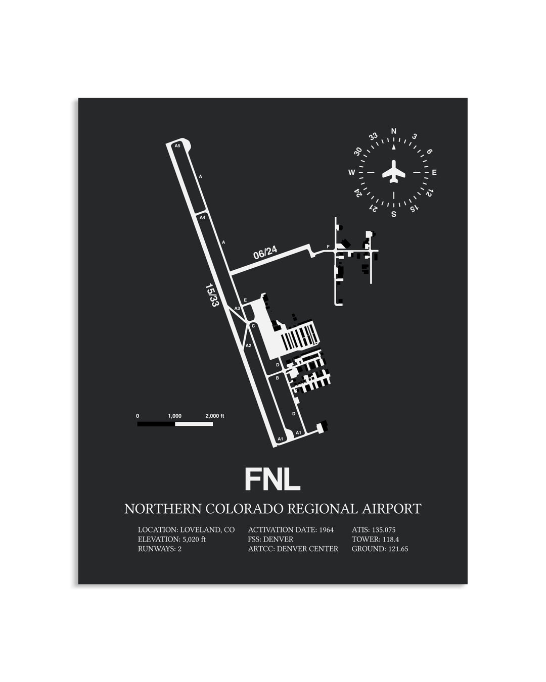 Gray Framed Northern Colorado Regional Airport layout wall art poster