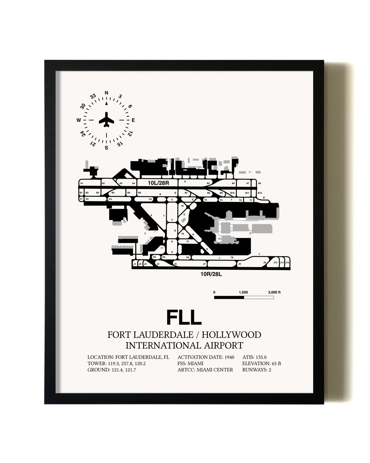 Framed Fort Lauderdale / Hollywood International Airport wall art poster in black frame