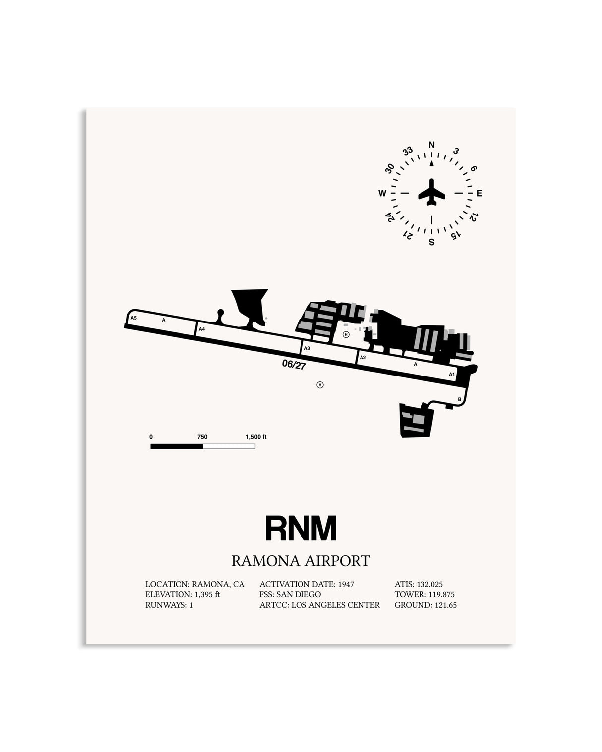 Gray Ramona Airport framed poster displayed in an airplane hangar