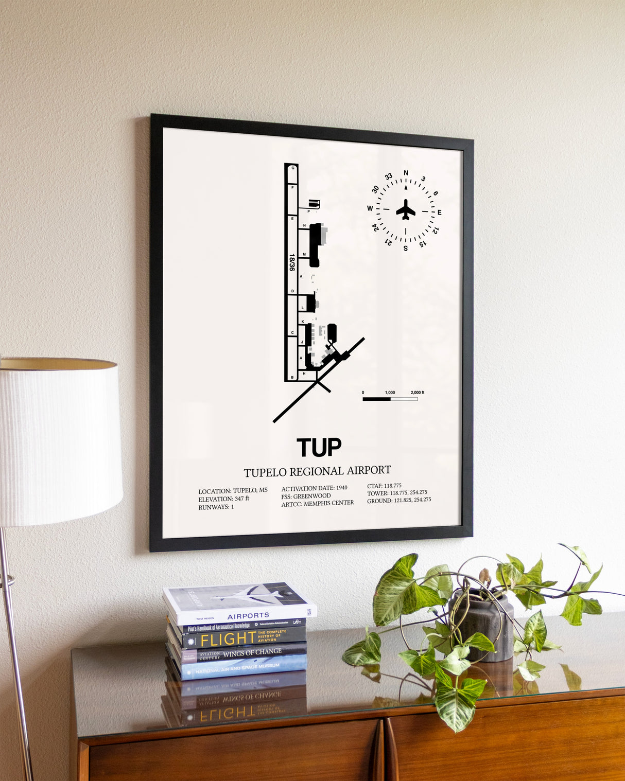 Tupelo Regional Airport aviation wall décor in black wood frame