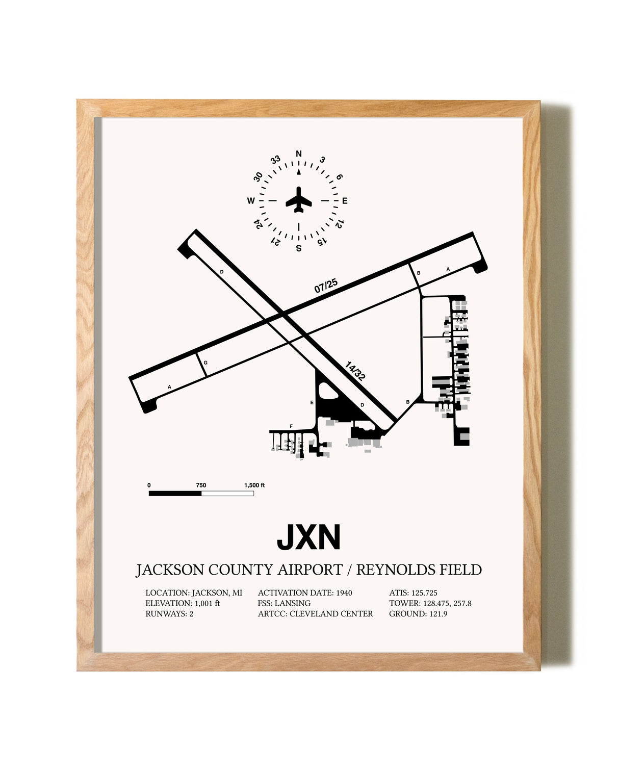 Jackson County Airport / Reynolds Field framed print in natural wood frame