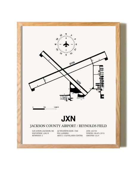 Jackson County Airport / Reynolds Field framed print in natural wood frame