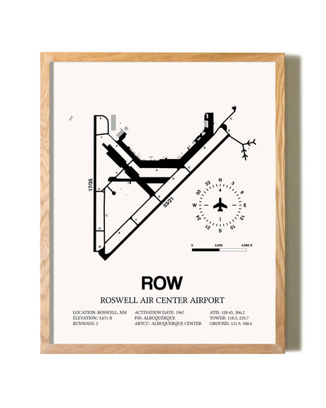 Roswell Air Center Airport framed print in natural wood frame