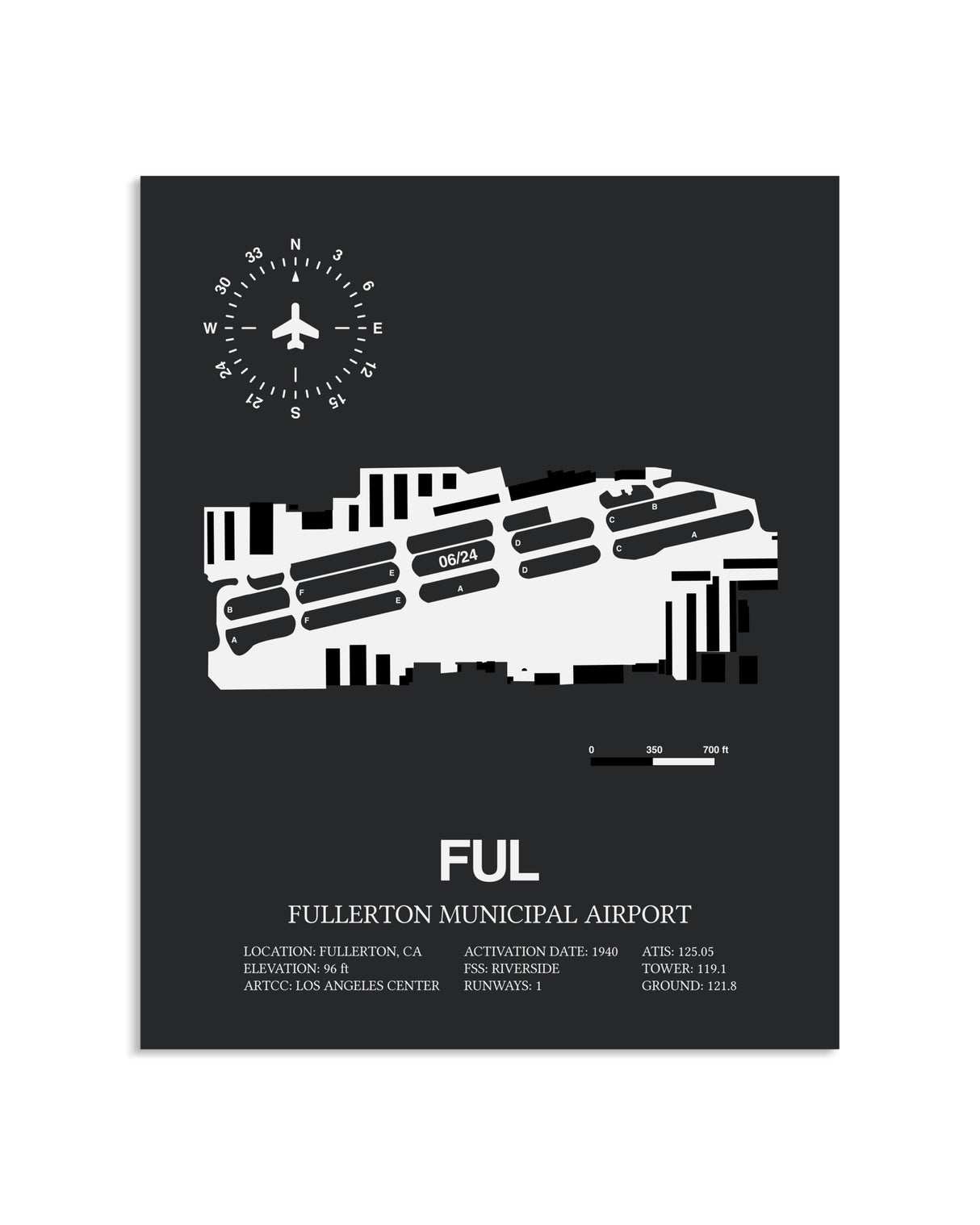 Gray Framed Fullerton Municipal Airport layout wall art poster