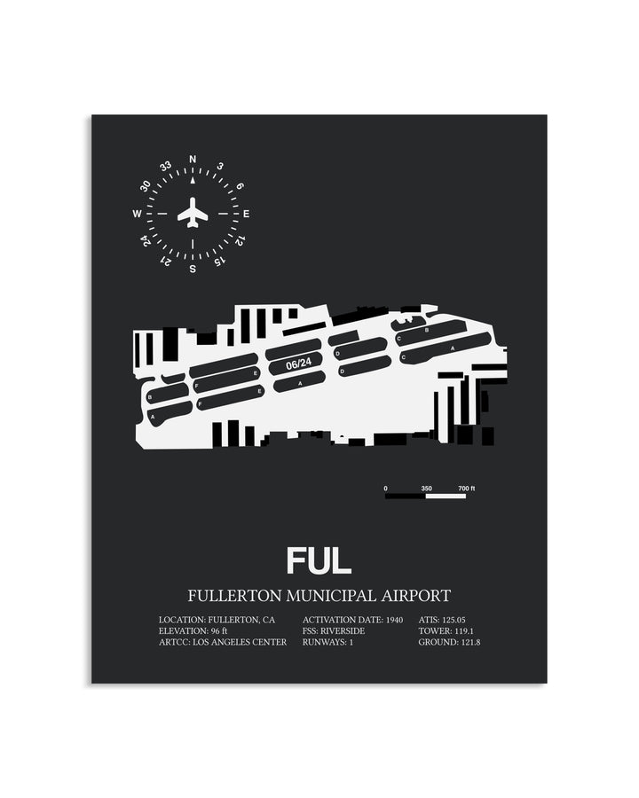 Gray Framed Fullerton Municipal Airport layout wall art poster