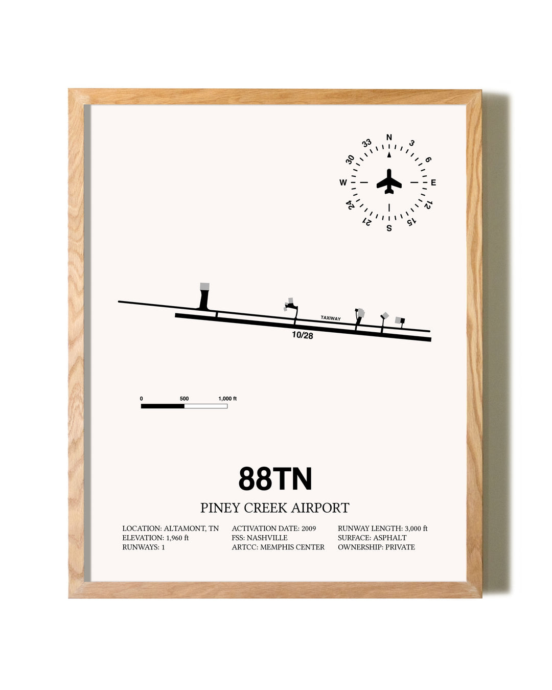Piney Creek Airport framed print in natural wood frame