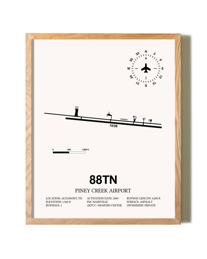 Piney Creek Airport framed print in natural wood frame