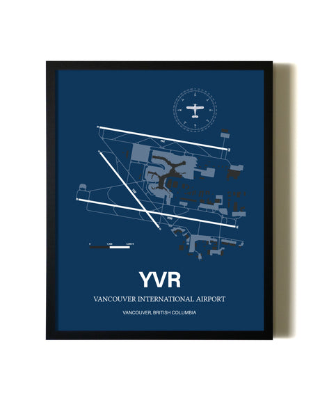 Aviation Blue Framed Vancouver International Airport layout wall art poster