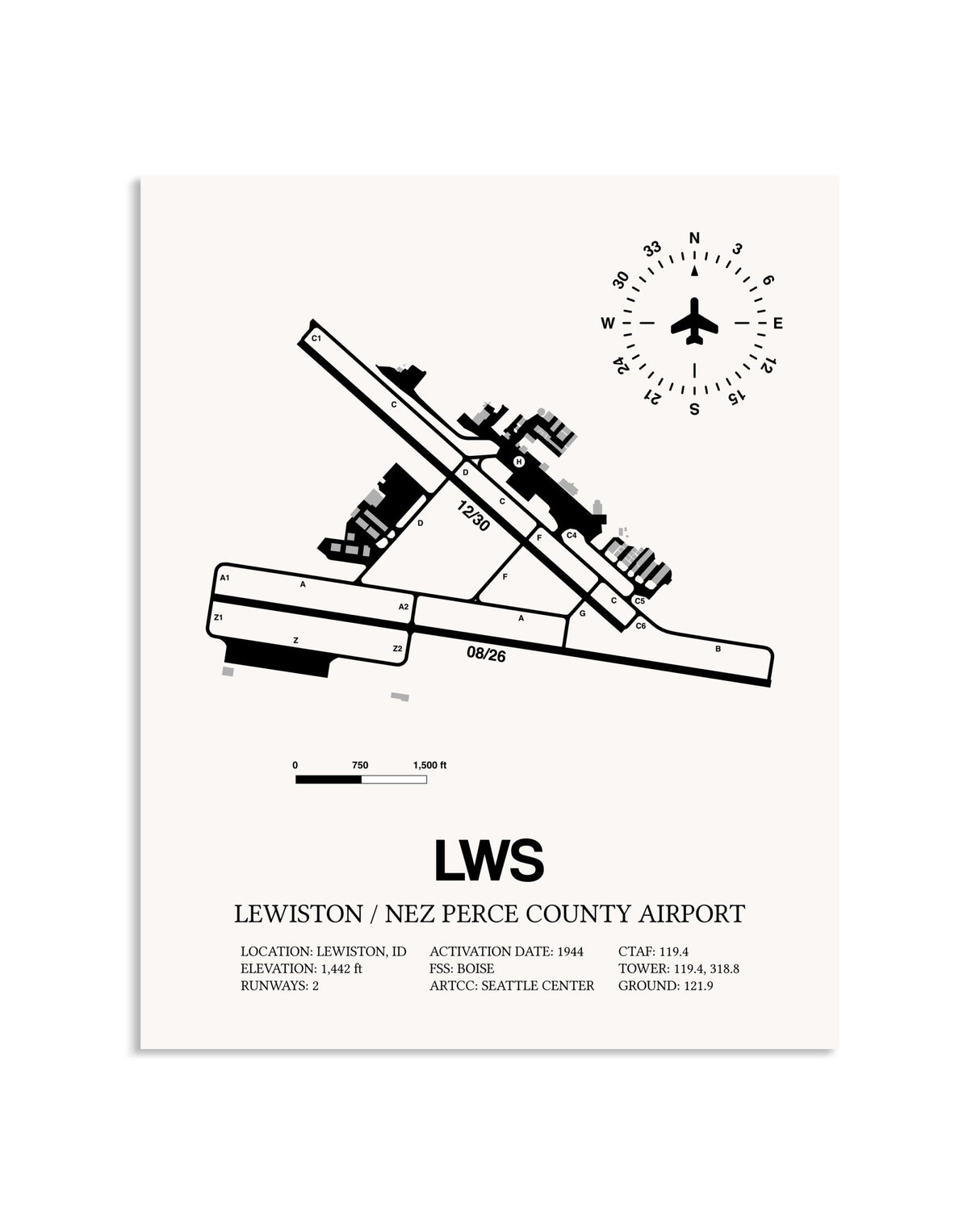 Gray Lewiston / Nez Perce County Airport framed poster displayed in an airplane hangar