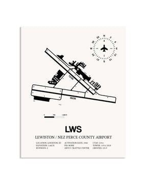 Gray Lewiston / Nez Perce County Airport framed poster displayed in an airplane hangar