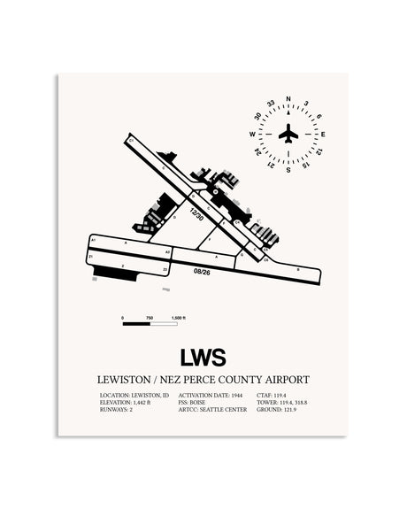 Gray Lewiston / Nez Perce County Airport framed poster displayed in an airplane hangar