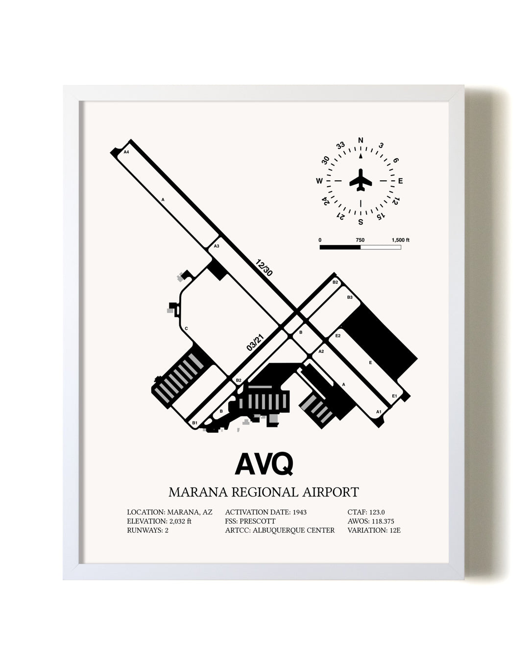 Marana Regional Airport airport map poster in oak frame