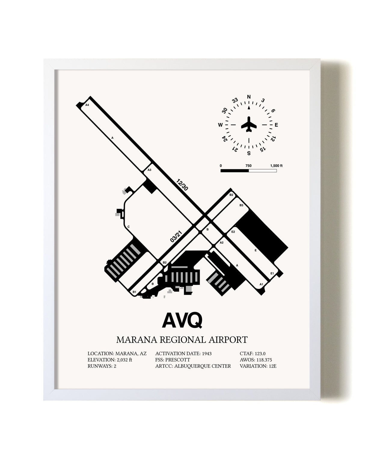 Marana Regional Airport airport map poster in oak frame