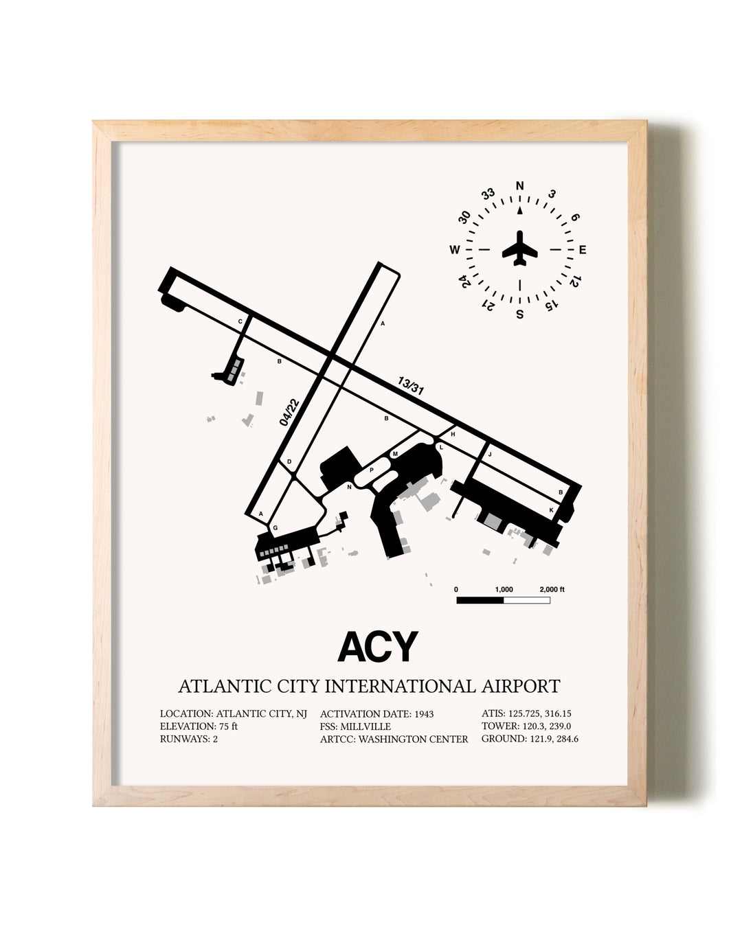 Atlantic City International Airport framed wall art in white frame