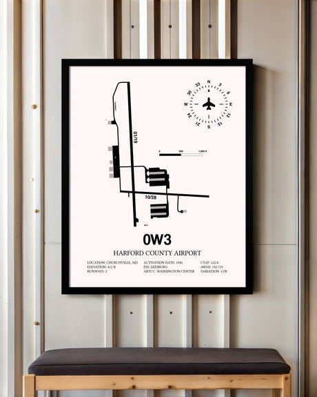 Harford County Airport framed poster displayed in an airplane hangar