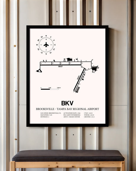 Brooksville-Tampa Bay Regional Airport framed poster displayed in an airplane hangar
