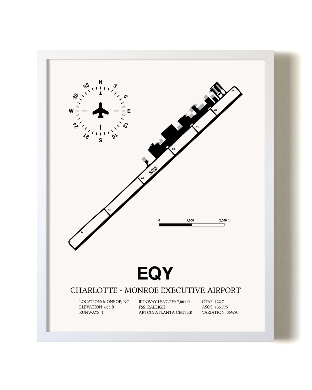 Charlotte-Monroe Executive Airport airport map poster in oak frame