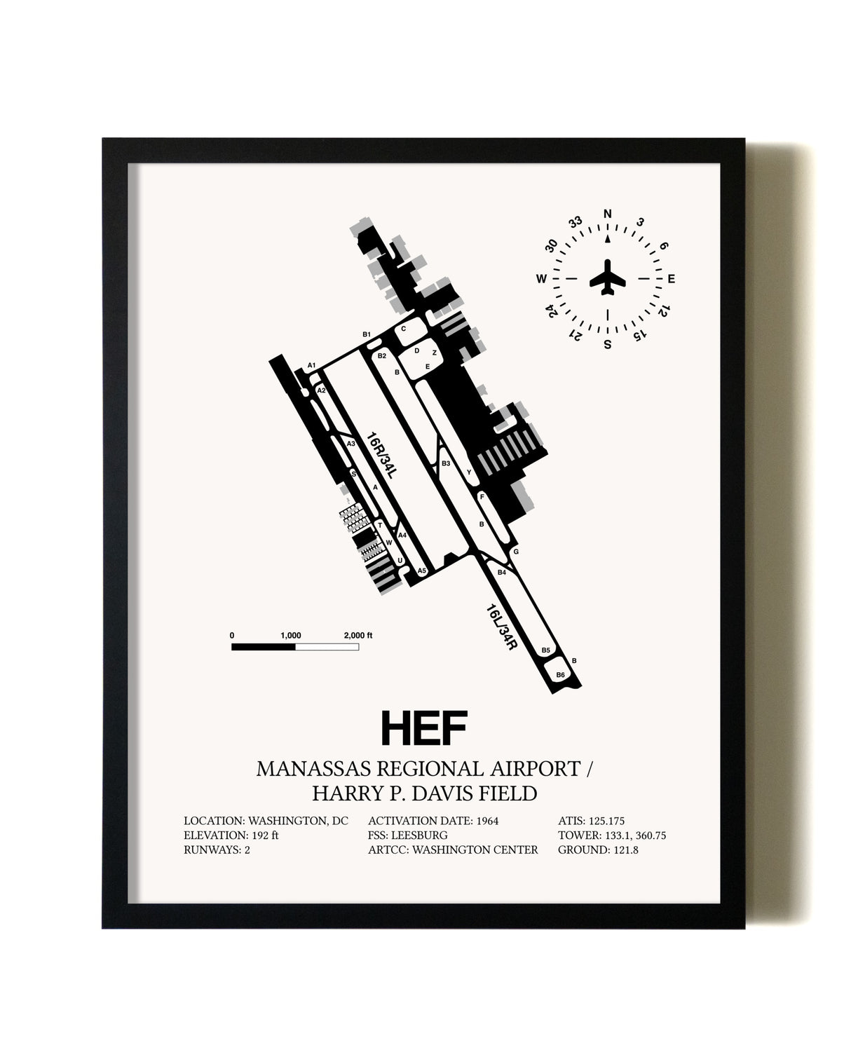 Framed Manassas Regional Airport / Harry P. Davis Field wall art poster in black frame
