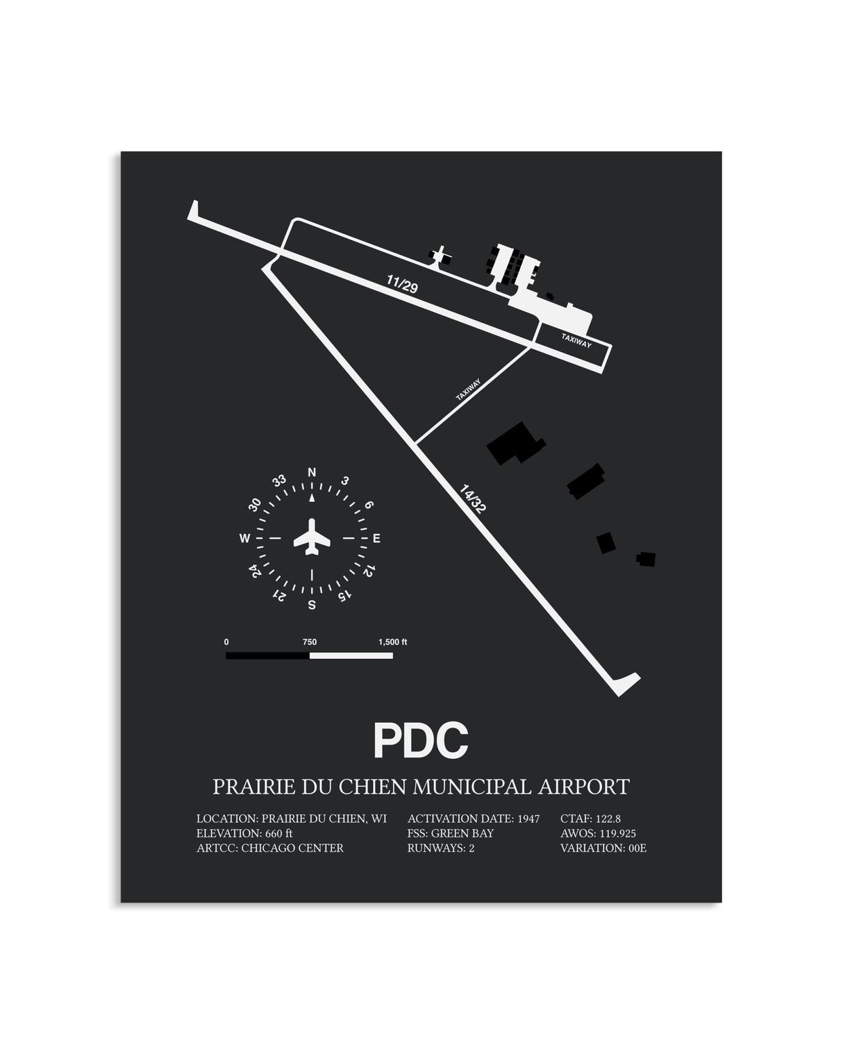 Gray Framed Prairie Du Chien Municipal Airport layout wall art poster