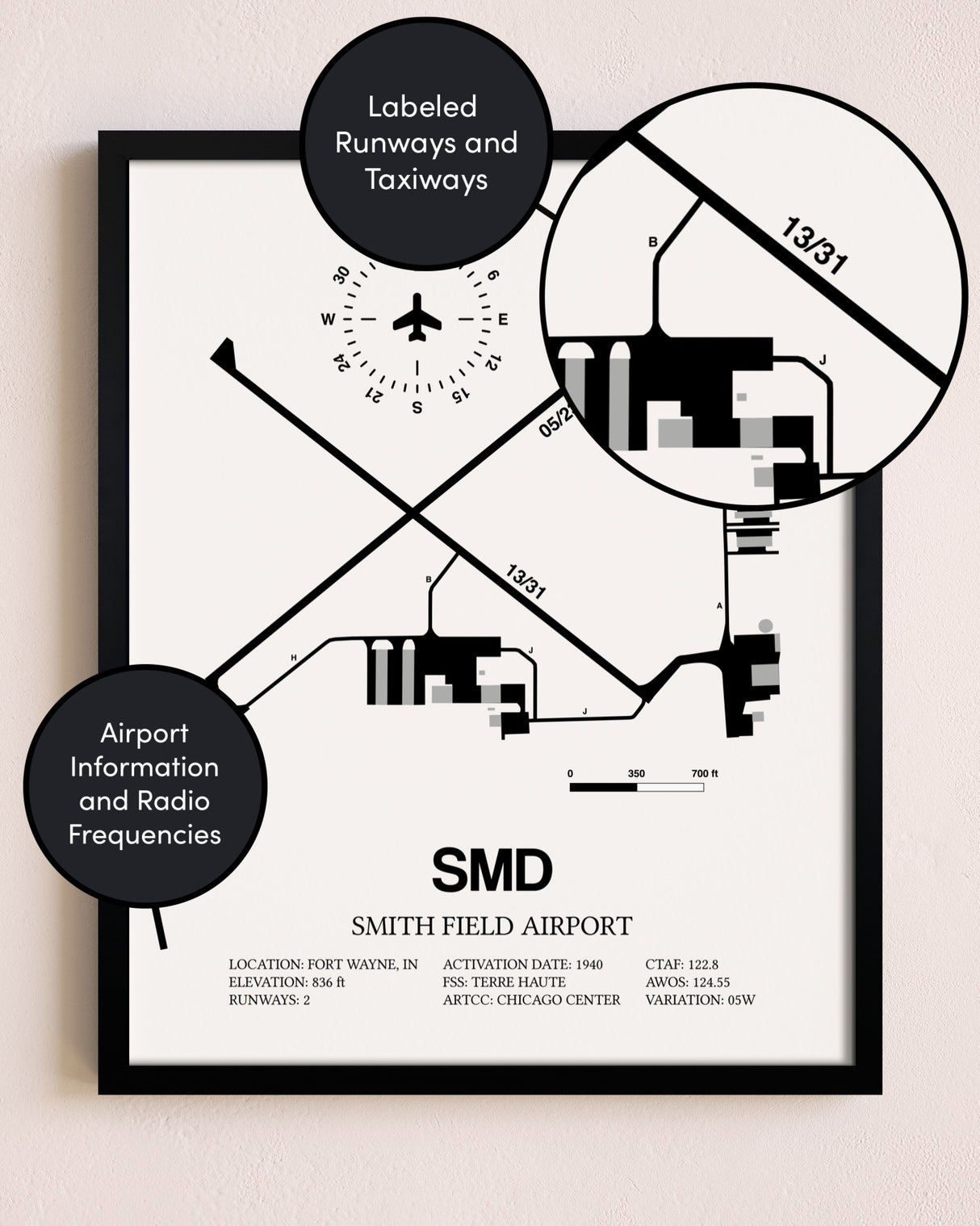 Framed Smith Field Airport layout wall art poster