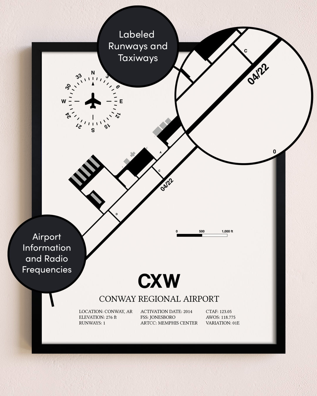 Framed Conway Regional Airport layout wall art poster
