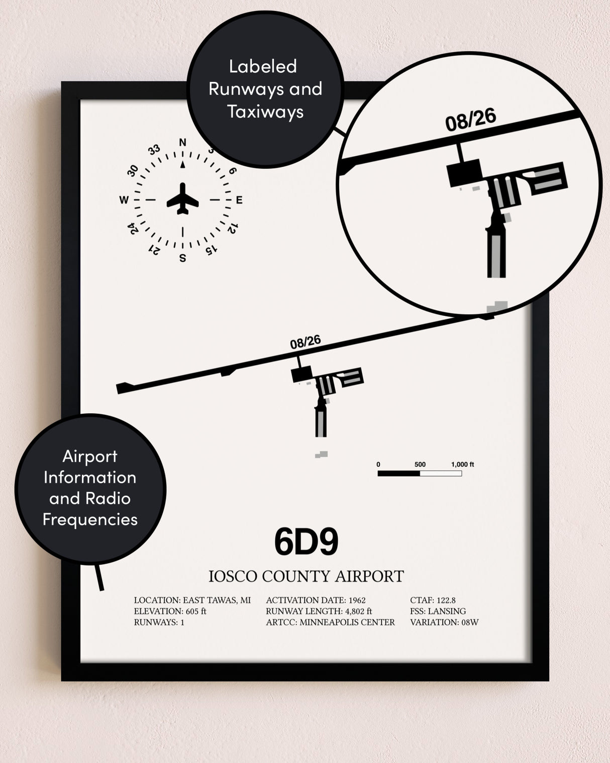 Framed Iosco County Airport layout wall art poster