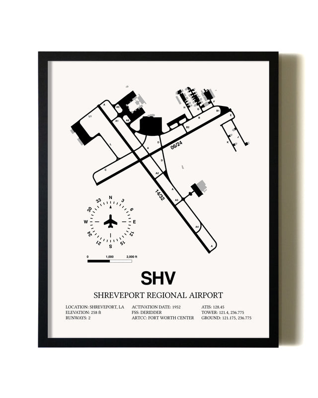 Framed Shreveport Regional Airport wall art poster in black frame
