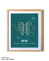 Dallas-Fort Worth International Airport airport map poster in oak frame with mat