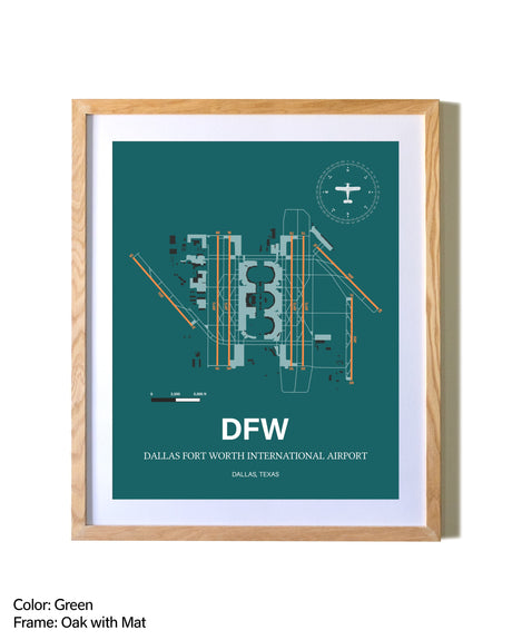 Dallas-Fort Worth International Airport airport map poster in oak frame with mat