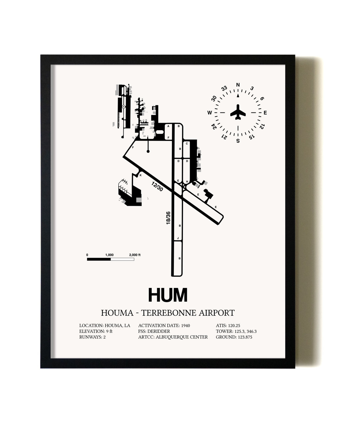 Framed Houma-Terrebonne Airport wall art poster in black frame