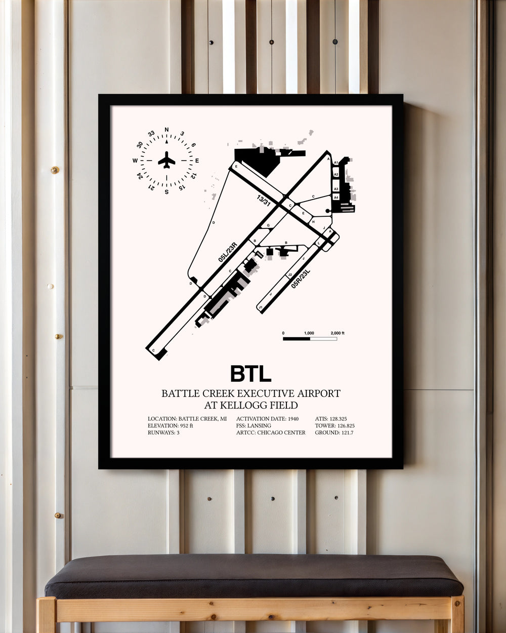 Battle Creek Executive Airport At Kellogg Field framed poster displayed in an airplane hangar