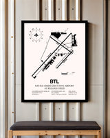 Battle Creek Executive Airport At Kellogg Field framed poster displayed in an airplane hangar