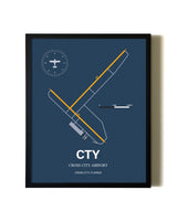 Blue and Yellow Framed Cross City Airport wall art poster in black frame