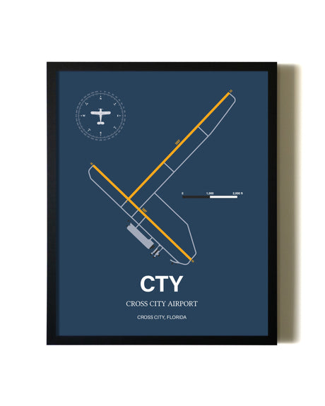 Blue and Yellow Framed Cross City Airport wall art poster in black frame