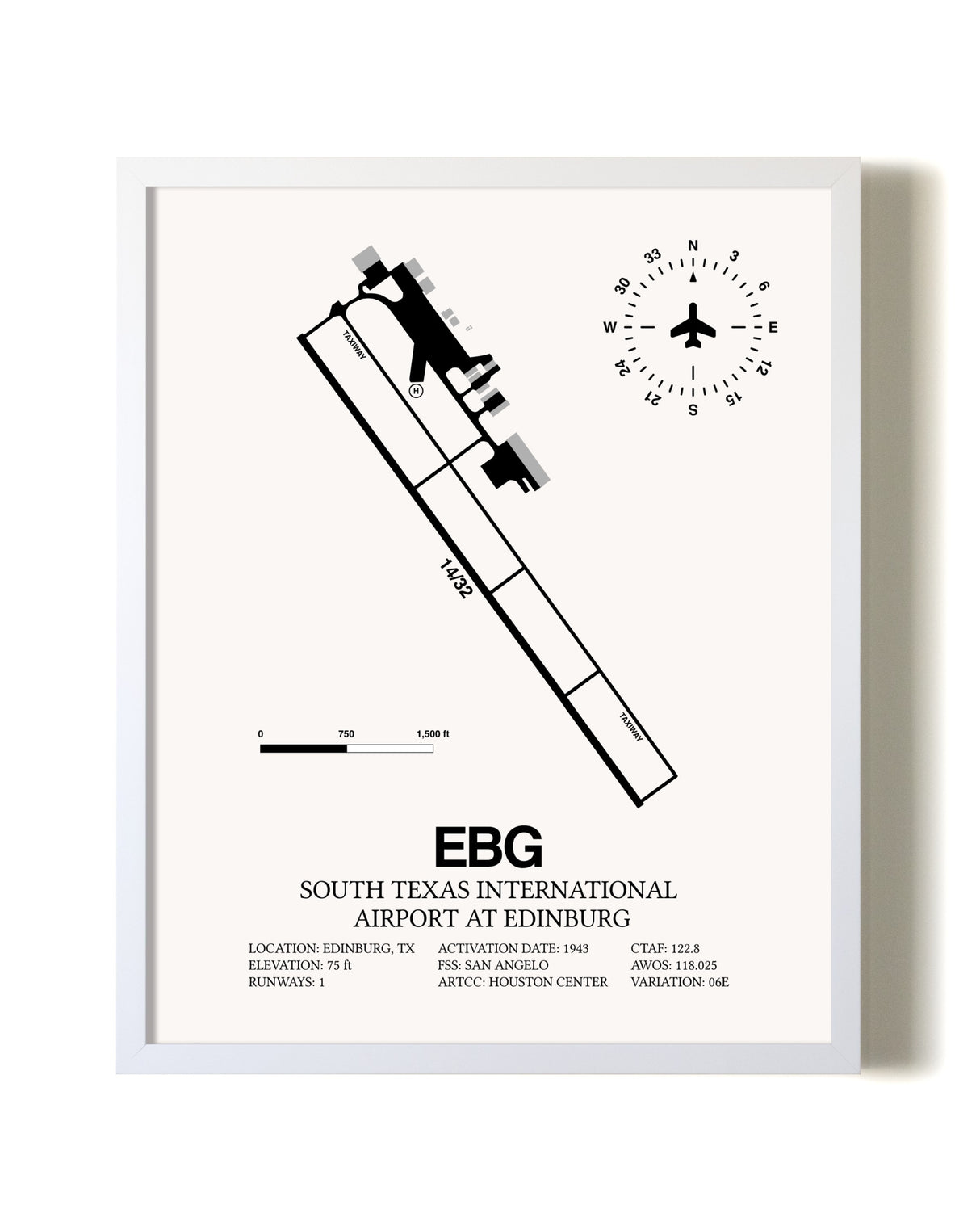 South Texas International Airport At Edinburg airport map poster in oak frame