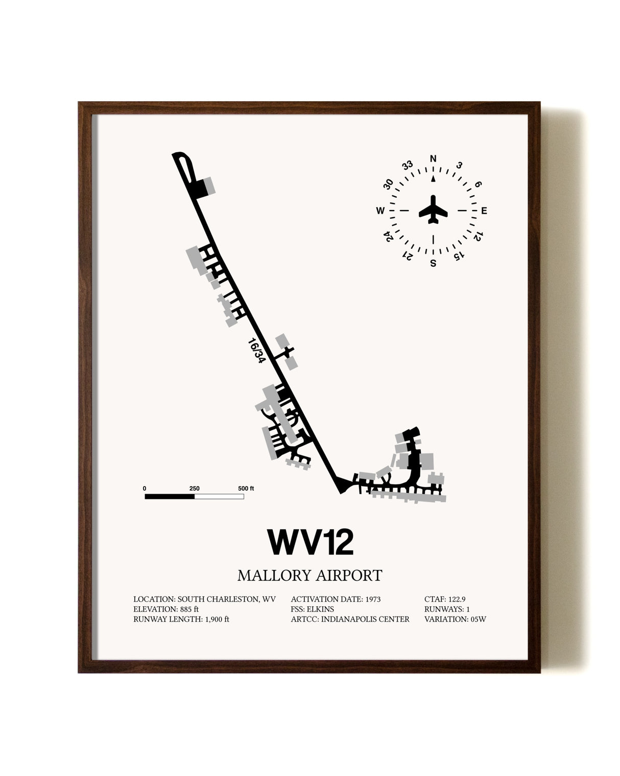 Mallory Airport aviation print in walnut frame
