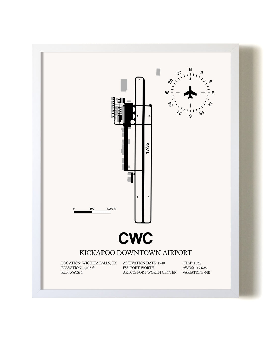 Kickapoo Downtown Airport airport map poster in oak frame